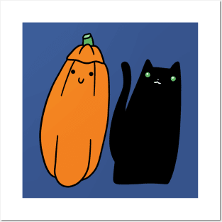 Long Black Cat and Pumpkin Posters and Art